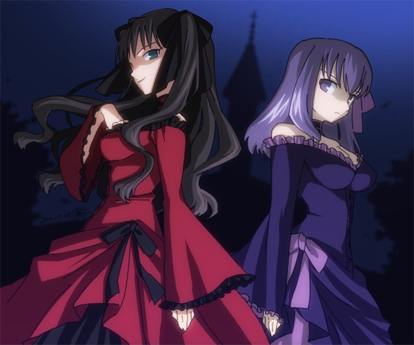 2girls black_bow black_hair blue_eyes bow choker closed_mouth derivative_work dress dress_bow expressionless fate/hollow_ataraxia fate_(series) fujihana_(mugenpixel) hair_bow long_hair looking_at_viewer matou_sakura multiple_girls night older_edelfelt_sister_(fate) purple_bow purple_dress purple_hair red_dress smile tohsaka_rin two_side_up violet_eyes younger_edelfelt_sister_(fate)