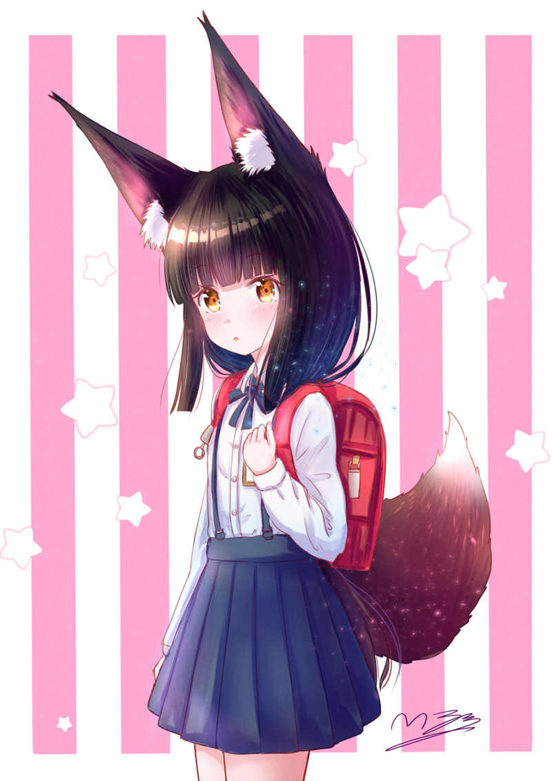 1girl alternate_costume animal_ears azur_lane backpack bag bangs black_hair blunt_bangs bow bowtie commentary_request contemporary eyebrows_visible_through_hair fox_ears fox_girl fox_tail from_side long_hair looking_at_viewer looking_to_the_side m_ko_(maxft2) nagato_(azur_lane) parted_lips randoseru school_uniform sidelocks signature skirt solo suspender_skirt suspenders tail yellow_eyes