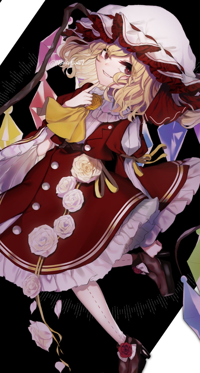 1girl adapted_costume artist_name bangs black_background blonde_hair commentary_request crystal eyebrows_visible_through_hair eyes_visible_through_hair finger_to_own_chin flandre_scarlet flower frilled_shirt_collar frills grin hair_ribbon hand_up hat high_heels highres ishikawa_sparerib looking_at_viewer medium_hair mob_cap one_side_up petticoat pink_flower pink_rose puffy_short_sleeves puffy_sleeves red_eyes red_footwear red_ribbon red_skirt red_vest ribbon rose short_sleeves simple_background skirt smile solo touhou vest white_headwear wings yellow_flower yellow_neckwear yellow_rose