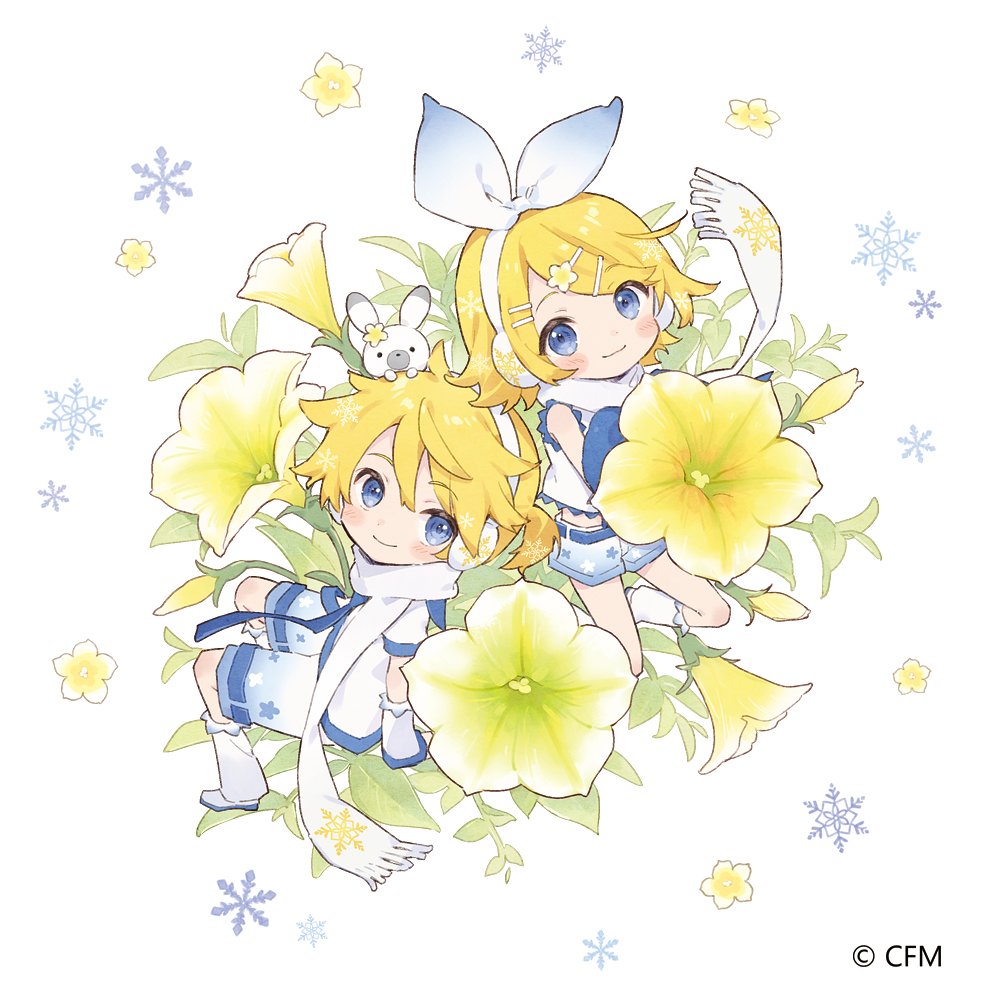 1boy 1girl 1other animal_on_head arm_warmers bare_shoulders blonde_hair blue_eyes blue_shorts bow commentary crypton_future_media flower frilled_shirt frills from_above hair_bow hair_flower hair_ornament hairclip headphones horiizumi_inko kagamine_len kagamine_rin leg_warmers looking_at_viewer looking_to_the_side matching_outfit miniboy minigirl on_head petunia_(flower) rabbit rabbit_yukine scarf shirt short_hair short_ponytail short_shorts short_sleeves shorts sitting sleeveless sleeveless_shirt smile snowflake_print snowflakes spiky_hair standing vocaloid white_background white_bow white_footwear white_legwear white_scarf white_shirt white_sleeves yellow_flower yuki_len yuki_rin