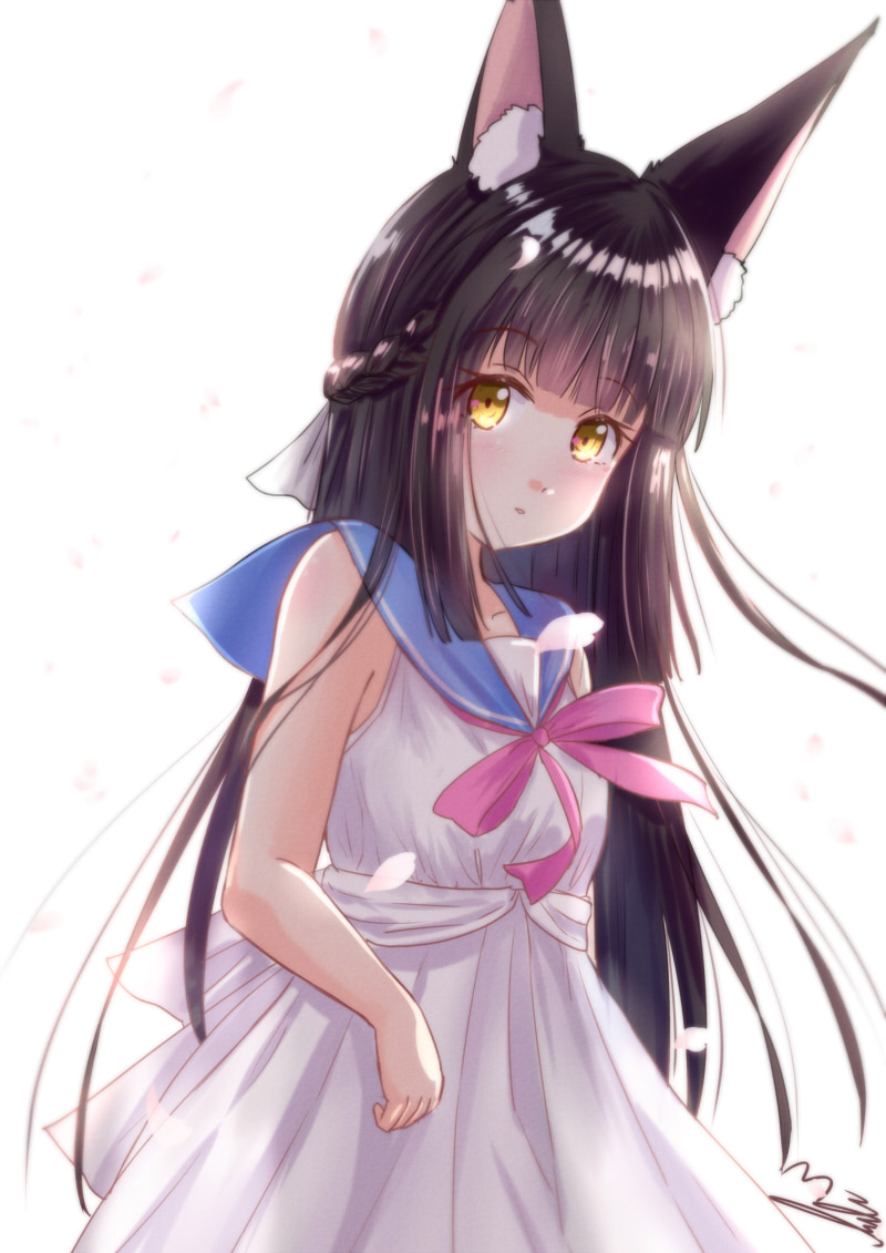 1girl alternate_costume alternate_hairstyle animal_ears armpit_peek azur_lane bangs black_hair blunt_bangs braid collarbone commentary_request dress eyebrows_visible_through_hair fox_ears half_updo head_tilt long_hair looking_at_viewer m_ko_(maxft2) nagato_(azur_lane) parted_lips petals sailor_dress sidelocks signature single_braid solo white_dress wind yellow_eyes