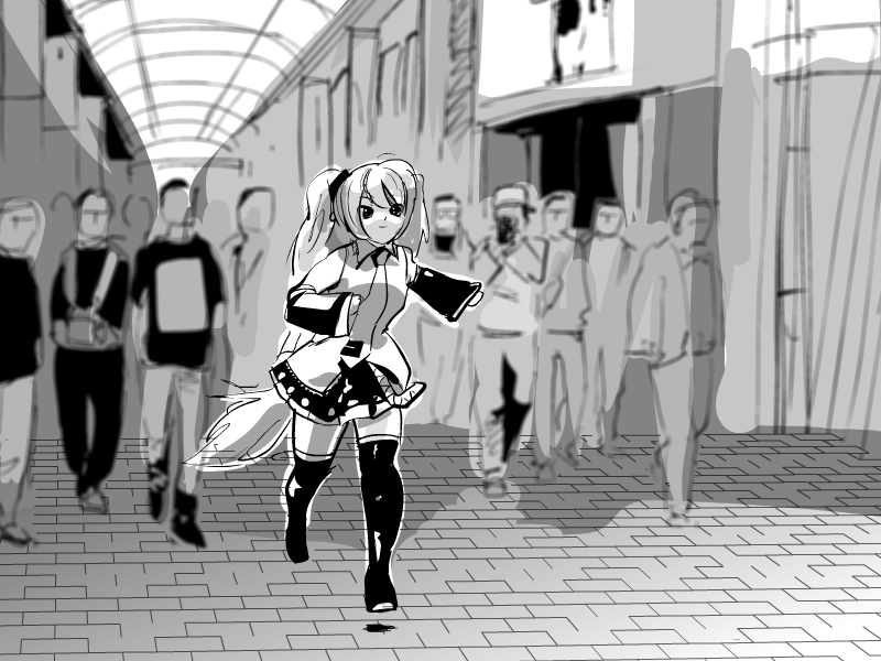 1girl black_legwear black_skirt black_sleeves brick_floor crowd detached_sleeves greyscale long_hair mikunano miniskirt monochrome necktie nippori_honsha pleated_skirt road running shirt sketch skirt sleeveless sleeveless_shirt smile solo street thigh-highs twintails very_long_hair vocaloid wide_shot