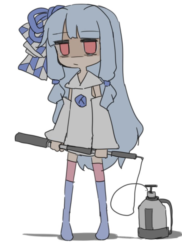 1girl blue_legwear blue_ribbon bow chibi collar collared_dress commentary detached_sleeves doodle dress empty_eyes flamethrower full_body hair_bow hair_ribbon holding holding_weapon kotonoha_aoi light_blue_hair light_frown long_hair miri_(miri_1m) red_eyes ribbon sailor_collar shaded_face shadow sidelocks solo standing thigh-highs very_long_hair voiceroid weapon white_background white_collar white_dress white_sleeves