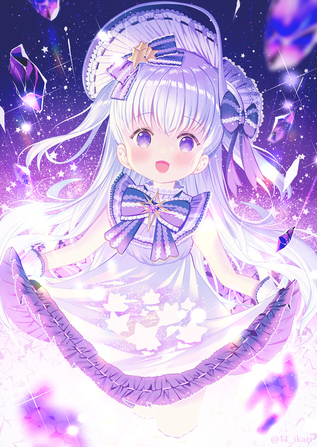 1girl :d bangs blurry blurry_foreground blush bonnet bow commentary_request crystal depth_of_field dress eyebrows_visible_through_hair frilled_dress frills gloves highres ikari_(aor3507) long_hair looking_at_viewer open_mouth original purple_bow silver_hair skirt_basket smile solo star_(symbol) twitter_username two_side_up very_long_hair violet_eyes white_dress white_gloves white_headwear