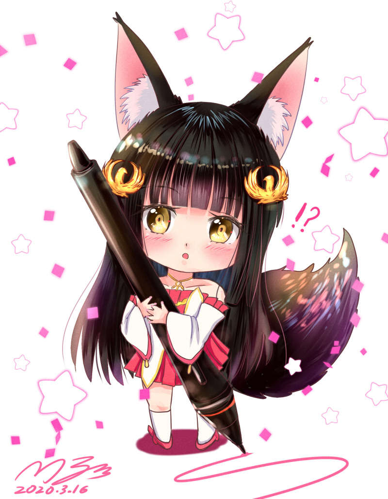 !? 1girl animal_ear_fluff animal_ears azur_lane bangs bare_shoulders bird_hair_ornament black_hair blunt_bangs blush carrying chibi collarbone commentary_request detached_sleeves dress eyebrows_visible_through_hair fox_ears fox_girl fox_tail full_body hair_ornament japanese_clothes jewelry kneehighs long_hair looking_at_viewer m_ko_(maxft2) nagato_(azur_lane) necklace off-shoulder_dress off-shoulder_shirt off_shoulder parted_lips pen shirt sidelocks signature simple_background smile socks solo starry_background strapless strapless_dress tail very_long_hair white_background white_legwear yellow_eyes