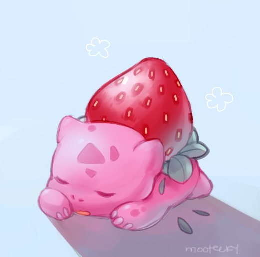 bulbasaur closed_eyes commentary english_commentary food fruit gen_1_pokemon lying mootecky no_humans on_stomach pokemon pokemon_(creature) signature sleeping solo strawberry
