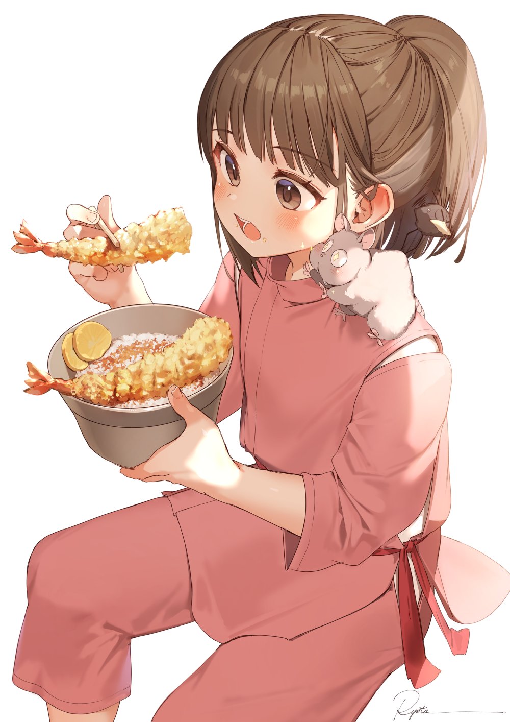 1girl animal_on_shoulder bangs blush bou_(sen_to_chihiro_no_kamikakushi) bowl brown_eyes brown_hair chopsticks eating eyebrows_visible_through_hair food food_on_face highres holding holding_bowl holding_chopsticks invisible_chair long_sleeves medium_hair ogino_chihiro open_mouth pants pink_pants pink_shirt ponytail red_sash ryota_(ry_o_ta) sash sen_to_chihiro_no_kamikakushi shirt signature sitting solo teeth tempura white_background yu-bird