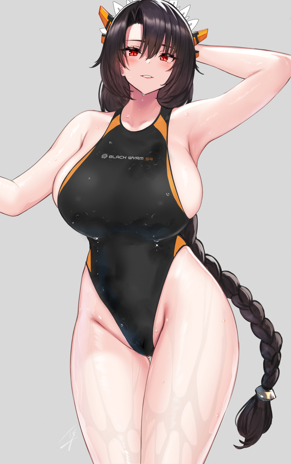1girl arm_behind_head arm_up armpits bangs bare_shoulders black_hair black_swimsuit blush braid braided_ponytail breasts collarbone covered_navel grin hair_ornament hayabusa highleg highleg_swimsuit highres large_breasts long_hair looking_at_viewer one-piece_swimsuit original red_eyes revision sideboob smile swimsuit thighs wet