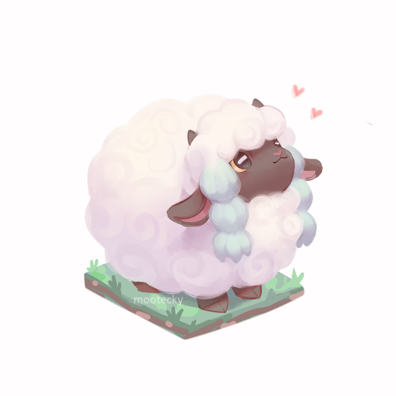 :3 artist_name black_eyes closed_mouth colored_sclera commentary english_commentary gen_8_pokemon grass heart looking_up mootecky no_humans pokemon pokemon_(creature) sheep smile solo standing watermark white_background wooloo yellow_sclera