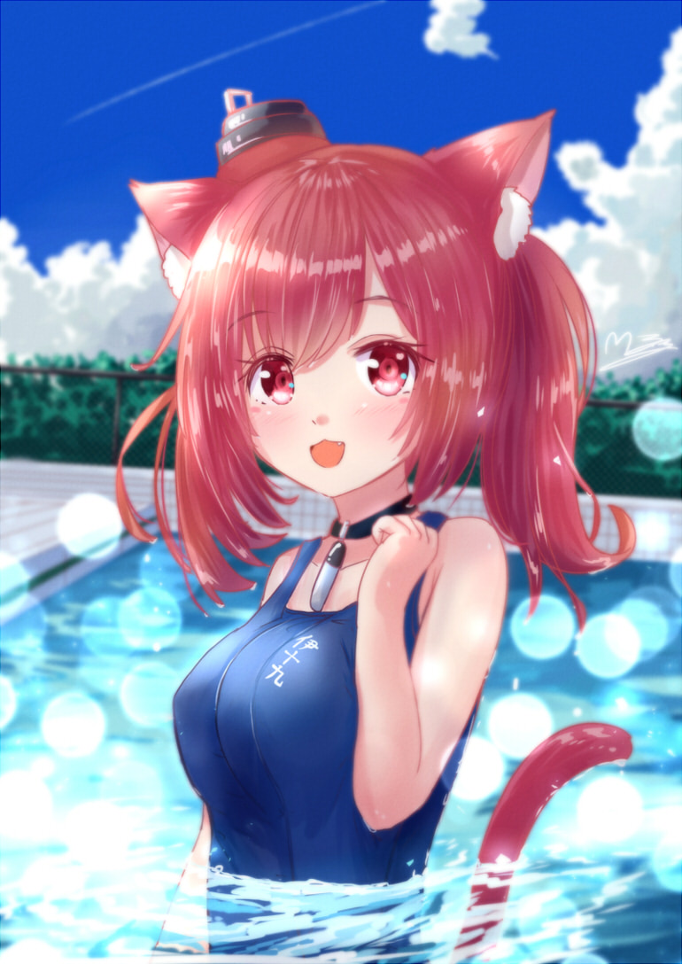 1girl :d animal_ears azur_lane bangs blue_sky blurry breasts cat_ears cat_girl cat_tail choker clouds cloudy_sky collarbone commentary_request depth_of_field eyebrows_visible_through_hair i-19_(azur_lane) in_water large_breasts long_hair looking_at_viewer m_ko_(maxft2) old_school_swimsuit open_mouth pool red_eyes redhead school_swimsuit sidelocks sky smile solo swimsuit tail twintails