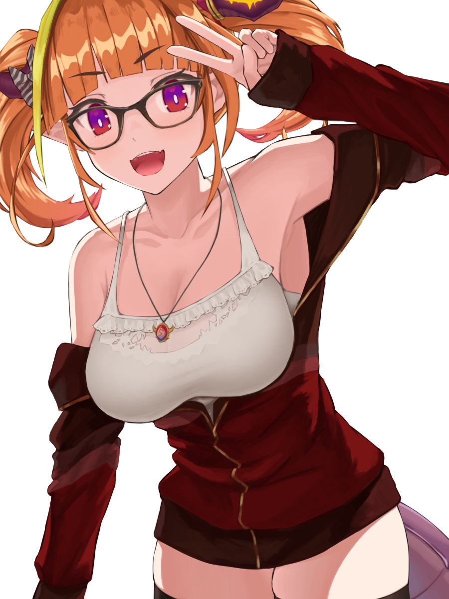 1girl :d bangs black-framed_eyewear blonde_hair blunt_bangs breasts commentary_request dragon_girl dragon_horns dragon_tail eyebrows_visible_through_hair glasses highres hololive horns jewelry kiryu_coco large_breasts looking_at_viewer multicolored_hair narushi_sasu official_alternate_costume open_mouth orange_hair pendant red_eyes short_hair simple_background smile solo streaked_hair tail twintails v virtual_youtuber white_background