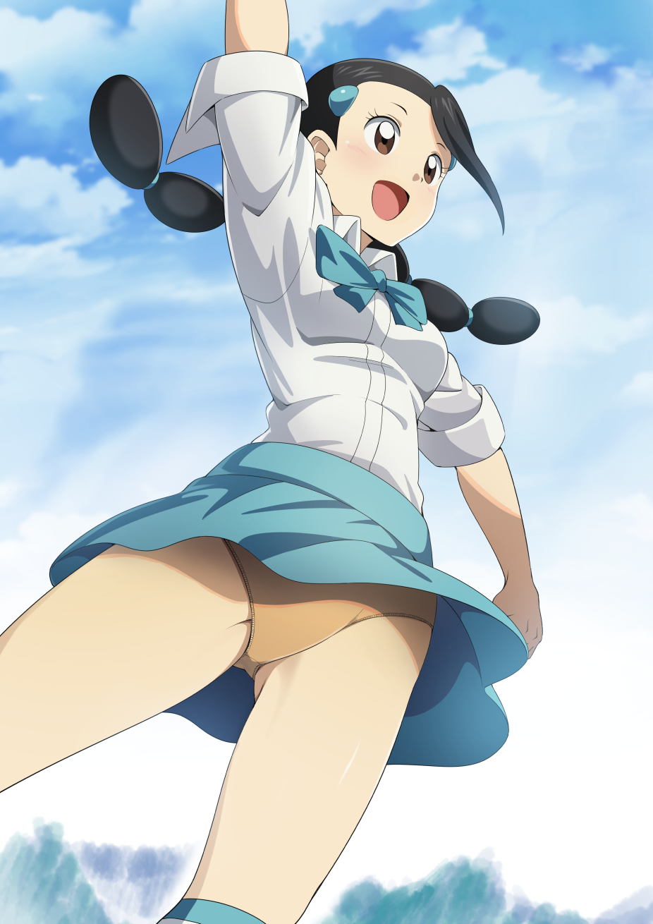 1girl :d black_hair blue_skirt breasts brown_eyes brown_panties candice_(pokemon) clouds commentary commission day english_commentary eyelashes from_below gym_leader hair_ornament hairclip highres miniskirt multi-tied_hair open_mouth outdoors panties pantyshot pokemon pokemon_(game) pokemon_dppt shirt skirt sky sleeves_rolled_up smile solo suitenan tongue twintails underwear white_shirt