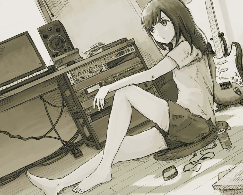 1girl bangs bare_legs barefoot black_hair can computer greyscale guitar indoors instrument kensight328 keyboard_(instrument) knee_up long_hair monochrome original shadow shirt short_sleeves shorts sitting solo speaker white_shirt