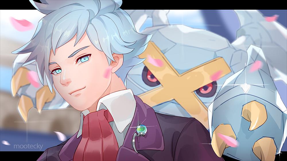 1boy artist_name bangs black_jacket blue_eyes blurry closed_mouth collared_shirt commentary derivative_work english_commentary gen_3_pokemon glint grey_hair jacket letterboxed male_focus metagross mootecky necktie outside_border petals pokemon pokemon_(creature) pokemon_(game) pokemon_masters_ex pokemon_oras red_neckwear screencap_redraw shirt short_hair smile steven_stone watermark white_shirt