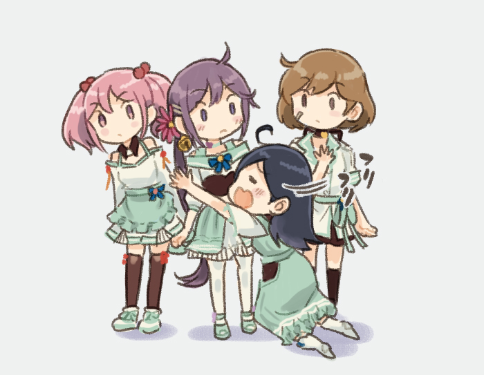 4girls ahoge akebono_(kancolle) aqua_dress bandaid bandaid_on_face black_hair brown_hair brown_legwear closed_eyes dress full_body grey_background hug kantai_collection long_hair multiple_girls oboro_(kancolle) official_alternate_costume otoufu pink_hair purple_hair sazanami_(kancolle) short_hair side_ponytail simple_background thigh-highs twintails ushio_(kancolle)