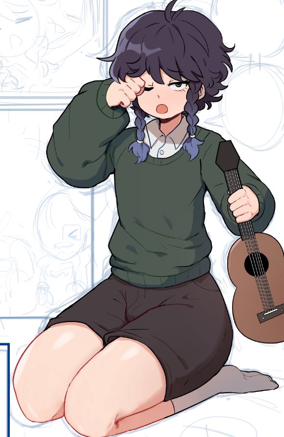 1boy androgynous bangs black_hair black_shorts blue_hair braid eyebrows_visible_through_hair full_body genshin_impact gradient_hair green_sweater guitar hand_up holding holding_instrument instrument looking_at_viewer male_focus ms_pigtails multicolored_hair one_eye_closed seiza shirt shorts sitting socks solo sweater thick_thighs thighs twin_braids venti_(genshin_impact) white_legwear white_shirt