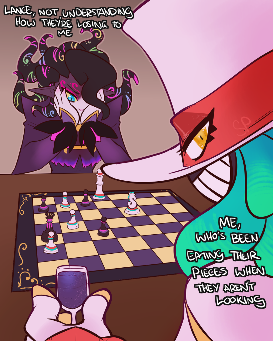 2boys artist_name balan_(balan_wonderworld) balan_wonderworld black_skin blue_eyes blue_hair board_game cheek_rest chess chess_piece chessboard claws closed_mouth colored_sclera colored_skin cup drinking_glass earrings elbows_on_table english_commentary english_text eyes_visible_through_headwear facial_mark grin hands_on_own_cheeks hands_on_own_face hat holding holding_cup jewelry lance_(balan_wonderworld) long_sleeves looking_at_viewer male_focus meme multiple_boys one_eye_covered pointy_ears purple_skin signature silverpsychedelic slit_pupils smile table tentacle_hair top_hat white_skin wine_glass yellow_sclera