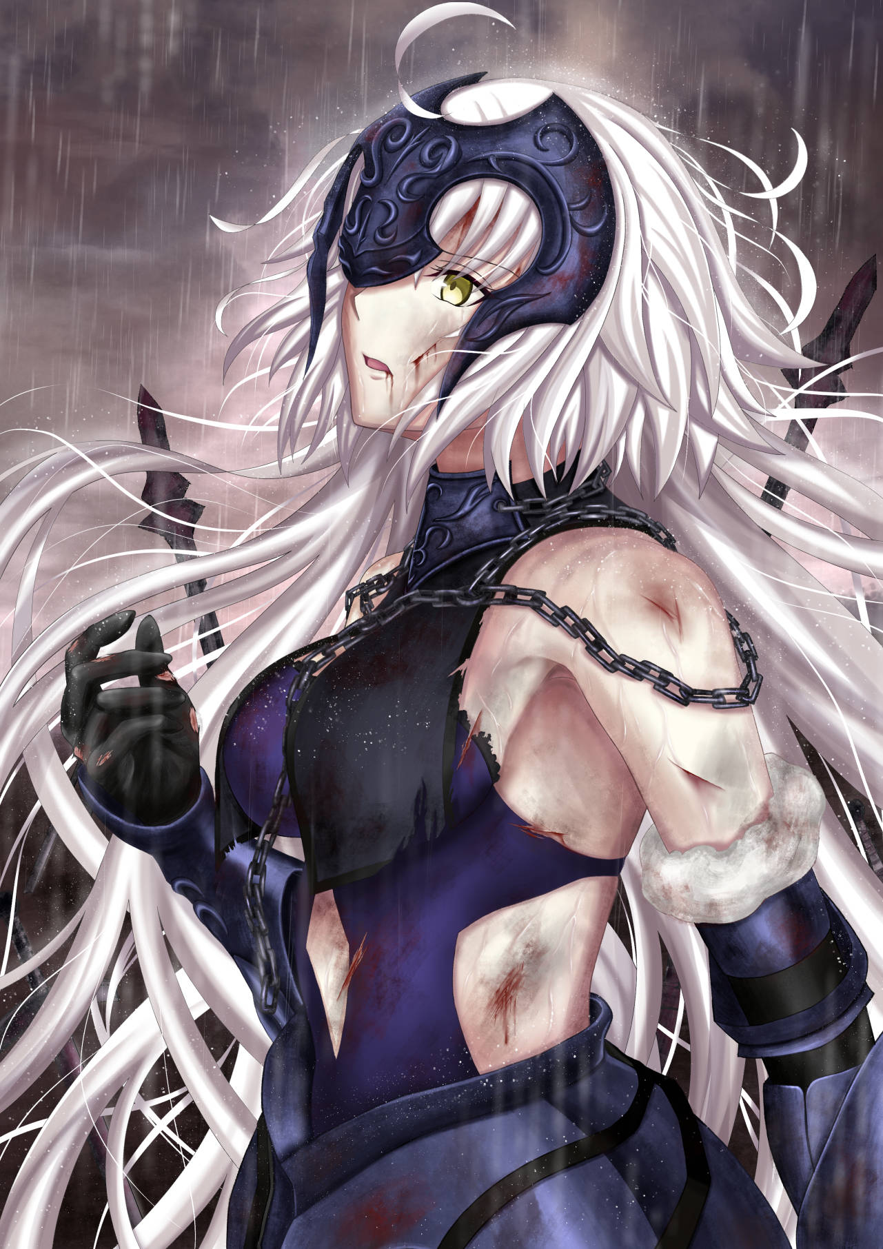 1girl bruise cuts damaged fate/grand_order fate_(series) harukey highres injury jeanne_d'arc_(alter)_(fate) jeanne_d'arc_(fate)_(all) long_hair rain sleeveless very_long_hair white_hair yellow_eyes