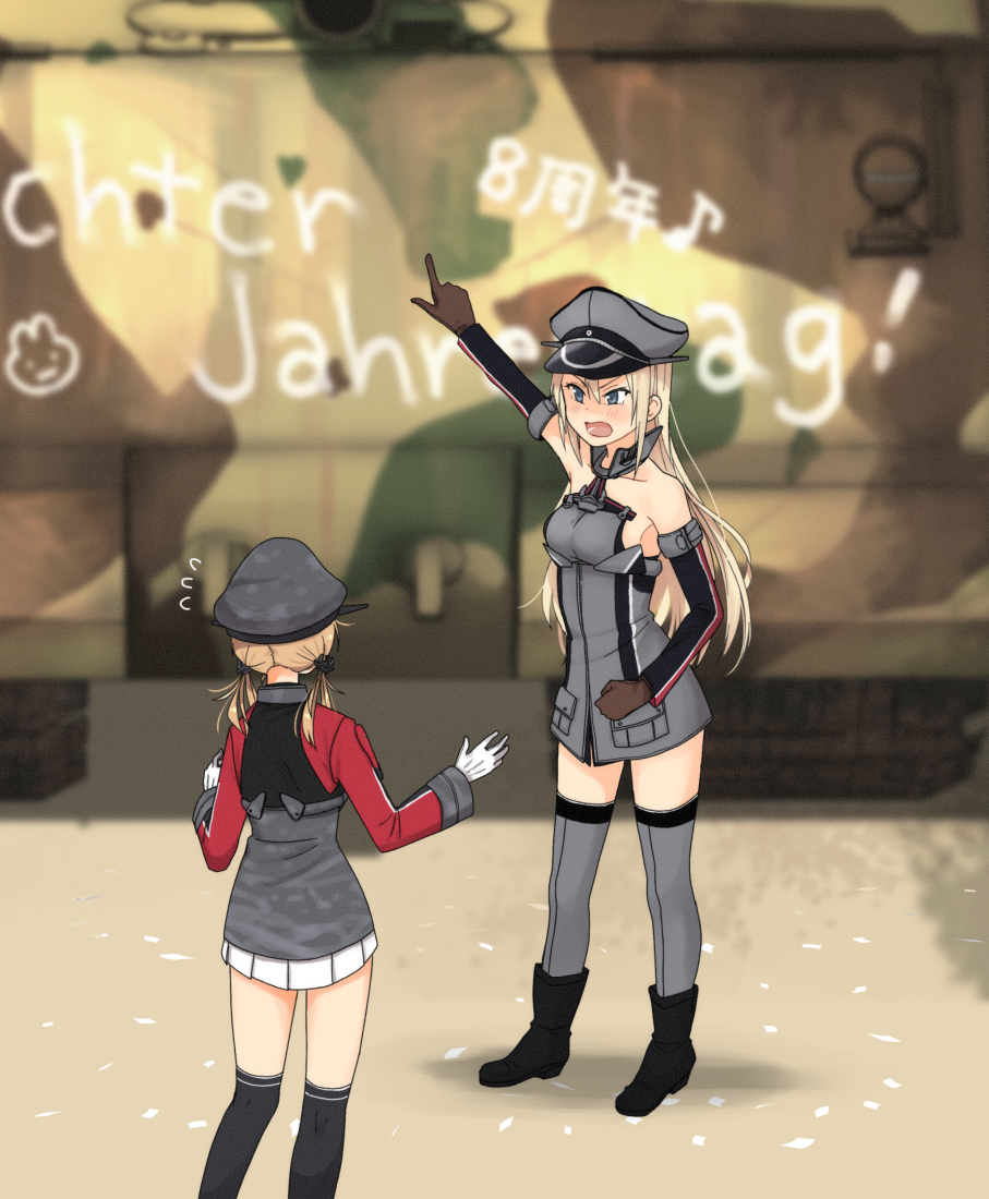 2girls anchor_hair_ornament annin_musou bismarck_(kancolle) black_legwear blonde_hair blue_eyes brown_gloves detached_sleeves german_text gloves grey_legwear ground_vehicle hair_ornament hat kantai_collection long_hair low_twintails military military_hat military_uniform military_vehicle motor_vehicle multiple_girls panzerkampfwagen_viii_maus peaked_cap pleated_skirt pointing prinz_eugen_(kancolle) skirt tank thigh-highs translation_request twintails uniform white_skirt