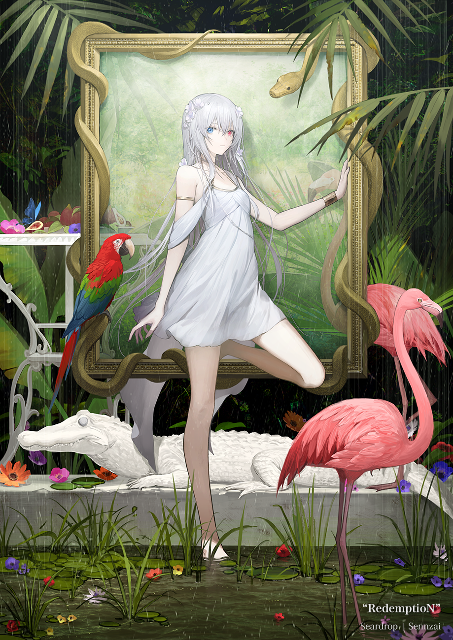 1girl albino album_cover animal bangs bare_shoulders bird blue_eyes bracelet breasts bug butterfly choker cinkai closed_mouth collarbone commentary_request cover crocodile crocodilian dress flamingo flower grass hair_between_eyes hair_flower hair_ornament heterochromia highres in_water insect jewelry long_hair looking_at_viewer original parrot pink_flower plant plant_request purple_flower rain red_eyes red_flower short_dress sidelocks silver_hair sleeveless sleeveless_dress snake solo standing standing_on_one_leg water white_dress white_flower yellow_flower