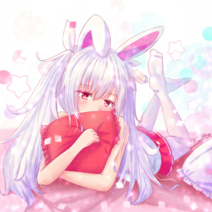 1girl animal_ears azur_lane bed bed_sheet commentary_request covering_mouth hair_ribbon head_tilt kemonomimi_mode laffey_(azur_lane) long_hair looking_at_viewer lying m_ko_(maxft2) on_stomach pantyhose pillow pillow_hug rabbit_ears red_eyes red_skirt ribbon skirt solo twintails white_hair white_legwear