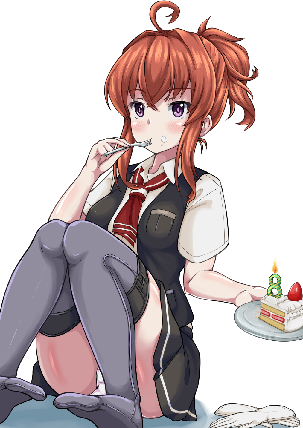 1girl ahoge alternate_hairstyle arashi_(kancolle) black_legwear black_skirt black_vest breasts cake cake_slice chaos_0829 dress_shirt eating food gloves gloves_removed highres holding holding_plate holding_spoon kantai_collection kerchief medium_hair neckerchief panties plate pleated_skirt ponytail red_neckwear redhead shirt sitting skirt small_breasts solo spoon thigh-highs underwear vest violet_eyes white_gloves white_panties white_shirt