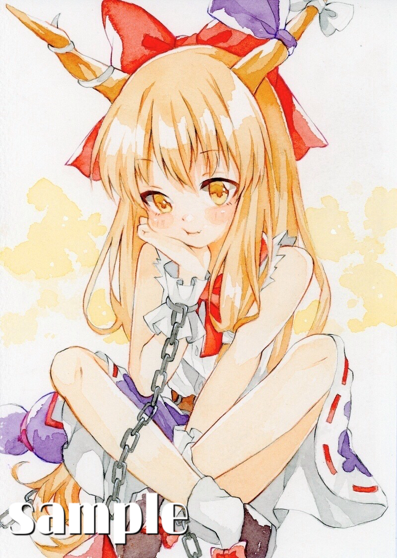 1girl :t bangs bare_shoulders bloomers blush bow bowtie chain closed_mouth cuffs eyebrows_visible_through_hair fang feet_out_of_frame gourd hair_bow hand_on_own_cheek hand_on_own_face hand_up horn_bow horn_ornament horn_ribbon horns ibuki_suika indian_style knees_up light_smile long_hair looking_at_viewer oni_horns orange_eyes orange_hair purple_ribbon purple_skirt red_bow red_neckwear ribbon sample shackles shirt simple_background sitting skin_fang skirt solo torn_clothes touhou traditional_media underwear very_long_hair watercolor_(medium) white_background white_bow white_shirt yuiki_(cube)