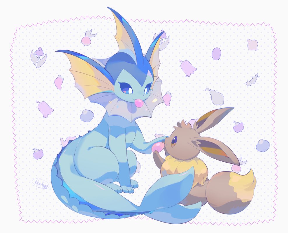brown_eyes brown_fur commentary_request eevee eye_contact gen_1_pokemon holding izobe looking_at_another no_humans paws pokemon pokemon_(creature) signature sitting smile toes vaporeon