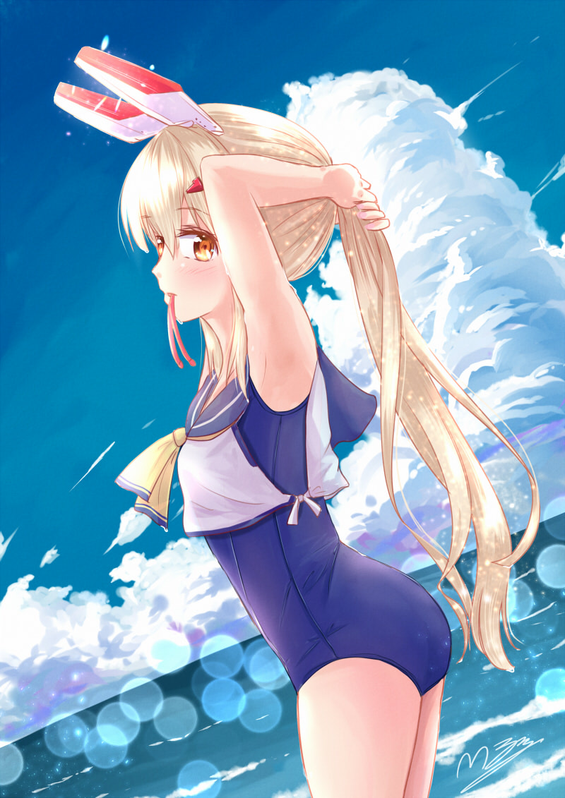 1girl adapted_costume adjusting_hair alternate_costume armpits arms_behind_head ass ayanami_(azur_lane) azur_lane bangs beach blue_sky blurry clouds cloudy_sky commentary_request depth_of_field eyebrows_visible_through_hair eyes_visible_through_hair from_side hair_ornament hair_ribbon hairclip headgear horizon long_hair looking_at_viewer looking_to_the_side m_ko_(maxft2) mouth_hold ocean old_school_swimsuit orange_eyes ponytail retrofit_(azur_lane) ribbon school_swimsuit school_uniform serafuku sidelocks signature silver_hair sky solo swimsuit swimsuit_under_clothes thighs