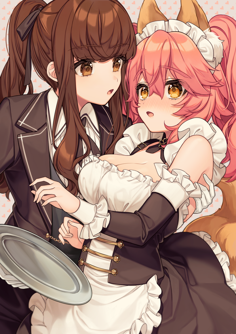 2girls animal_ear_fluff animal_ears apron blush breasts brown_dress brown_eyes brown_hair detached_sleeves dress fate/extra fate/extra_ccc fate_(series) fox_ears fox_girl fox_tail frilled_apron frilled_dress frills karokuchitose kishinami_hakuno_(female) large_breasts long_hair long_sleeves maid maid_apron maid_headdress multiple_girls nose_blush pink_hair ponytail tail tamamo_(fate)_(all) tamamo_no_mae_(fate) white_apron yellow_eyes