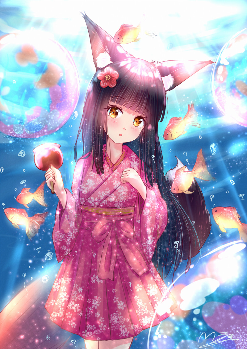 1girl alternate_costume animal_ears azur_lane bangs black_hair blunt_bangs candy candy_apple commentary_request eyebrows_visible_through_hair fish food fox_ears fox_girl fox_tail goldfish hakama head_tilt holding holding_candy holding_food in_water japanese_clothes long_hair looking_at_viewer m_ko_(maxft2) nagato_(azur_lane) parted_lips pleated_skirt sidelocks signature skirt solo tail water_drop yellow_eyes