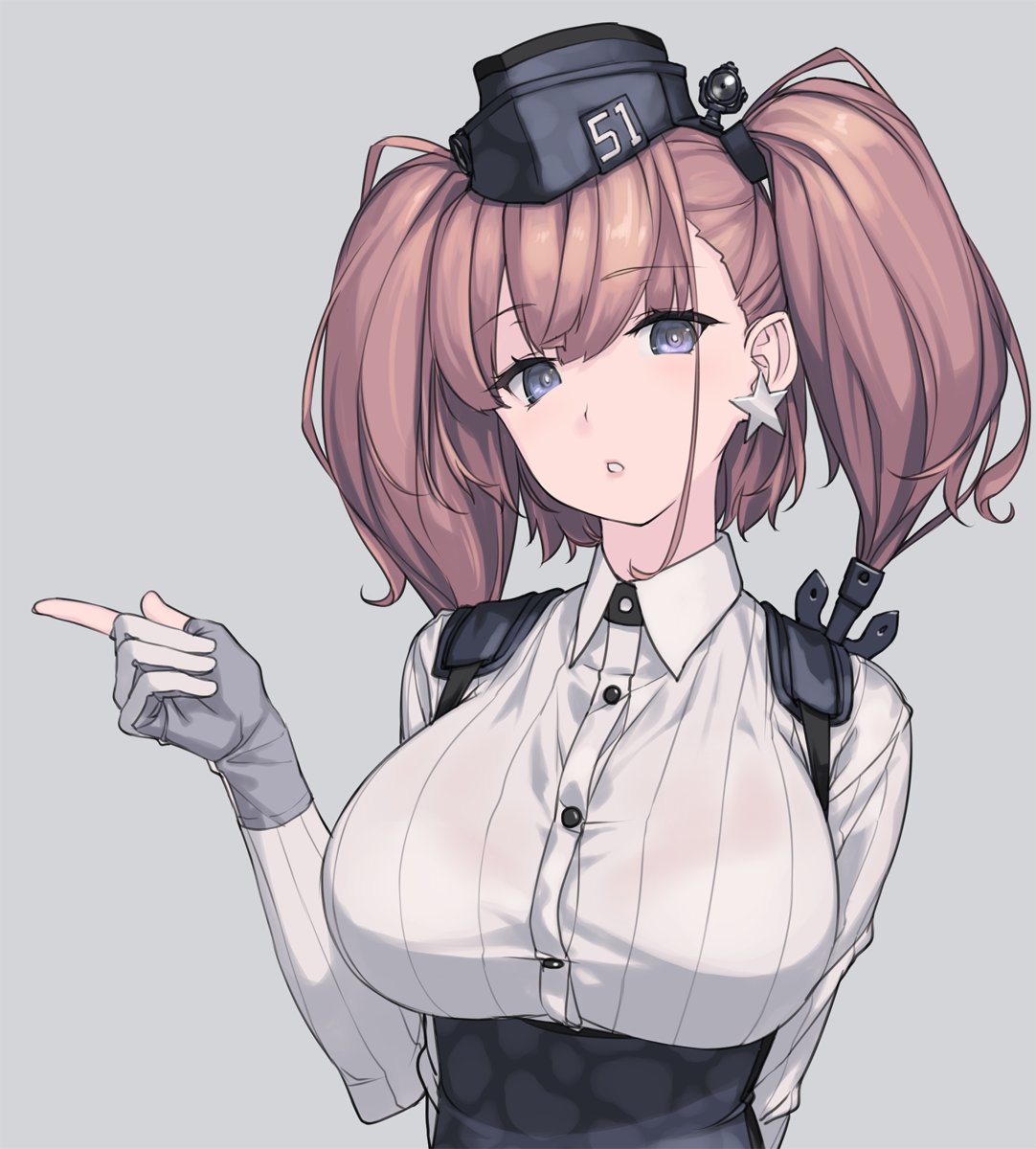 1girl atlanta_(kancolle) black_headwear black_skirt breasts brown_hair buttons collared_shirt earrings eyebrows_visible_through_hair garrison_cap gloves grey_background grey_eyes hat high-waist_skirt highres jewelry kantai_collection large_breasts long_hair long_sleeves multicolored multicolored_clothes multicolored_gloves open_mouth partially_fingerless_gloves rokuwata_tomoe shirt simple_background single_earring skirt solo star_(symbol) star_earrings suspender_skirt suspenders two_side_up upper_body white_shirt