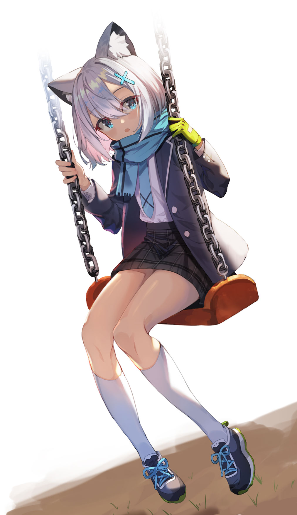 1girl animal_ear_fluff animal_ears aqua_eyes blue_archive full_body gloves highres jacket long_sleeves looking_at_viewer miniskirt open_clothes open_jacket parted_lips sango_30 scarf shiroko_(blue_archive) shirt short_hair silver_hair single_glove skirt swing