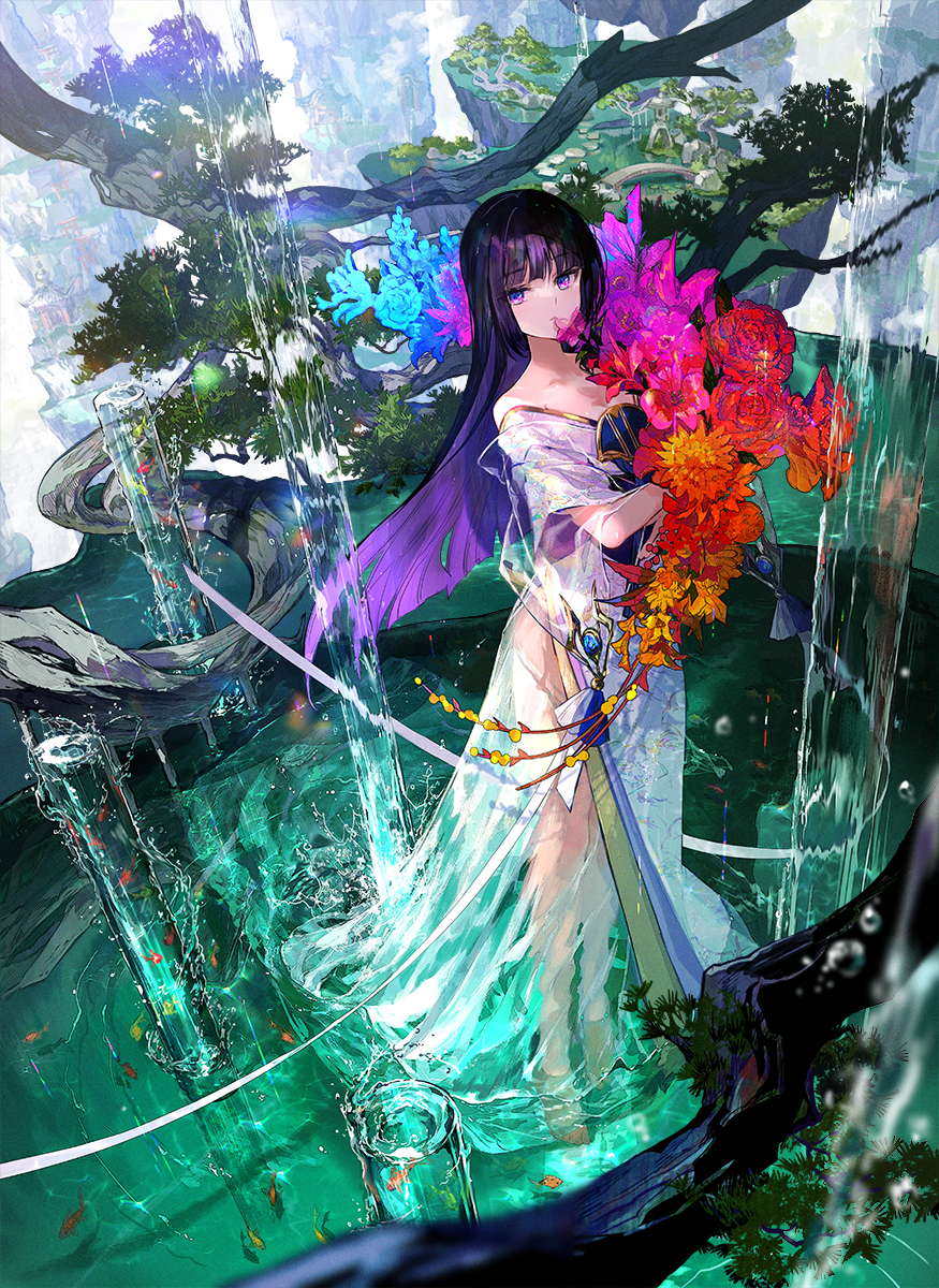 1girl bare_shoulders barefoot black_hair blue_flower bouquet closed_mouth colored_inner_hair colorful dress eyebrows_visible_through_hair fish flower fuzichoco highres holding holding_bouquet leaf long_dress long_hair looking_at_viewer mountain multicolored_hair no_shoes orange_flower original pool purple_flower purple_hair red_flower rose see-through see-through_dress solo standing strapless strapless_dress tree tree_branch two-tone_hair very_long_hair violet_eyes wading water waterfall wet white_dress