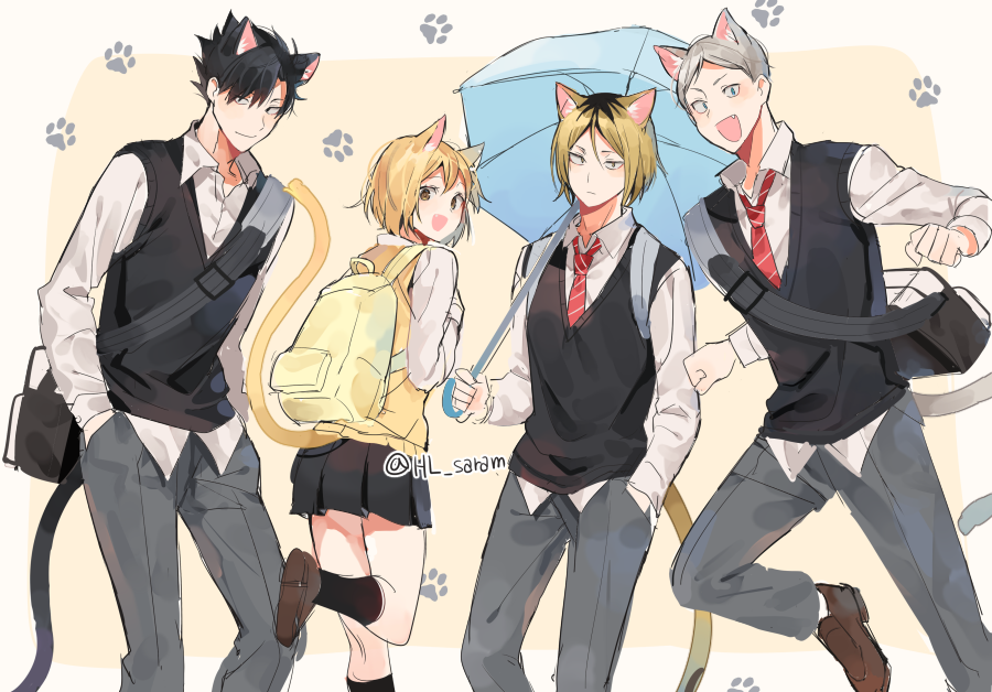 1girl 3boys :d animal_ears backpack bag bangs black_hair black_legwear black_skirt blonde_hair brown_eyes cat_boy cat_ears cat_girl cat_tail from_behind grey_hair haiba_lev haikyuu!! hand_in_pocket hands_in_pockets holding holding_umbrella joman kozume_kenma kuroo_tetsurou looking_back miniskirt multiple_boys necktie open_mouth pants paw_print pleated_skirt school_uniform shirt short_hair skirt smile socks standing standing_on_one_leg sweater_vest tail umbrella white_shirt yachi_hitoka