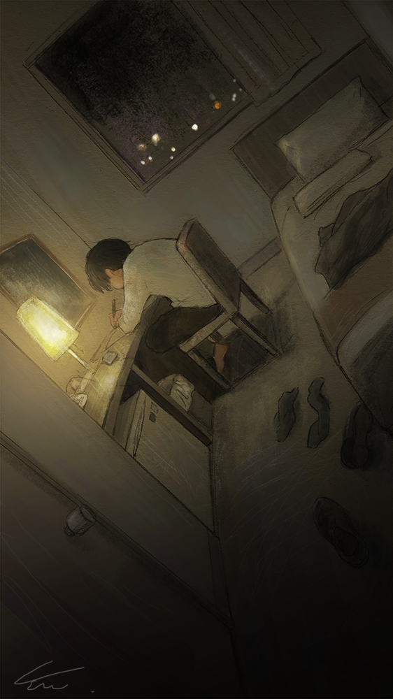 1boy bed black_hair chair door dutch_angle glowing indoors lamp mirror original pillow short_hair signature sitting solo window writing yureru_(junn7603)