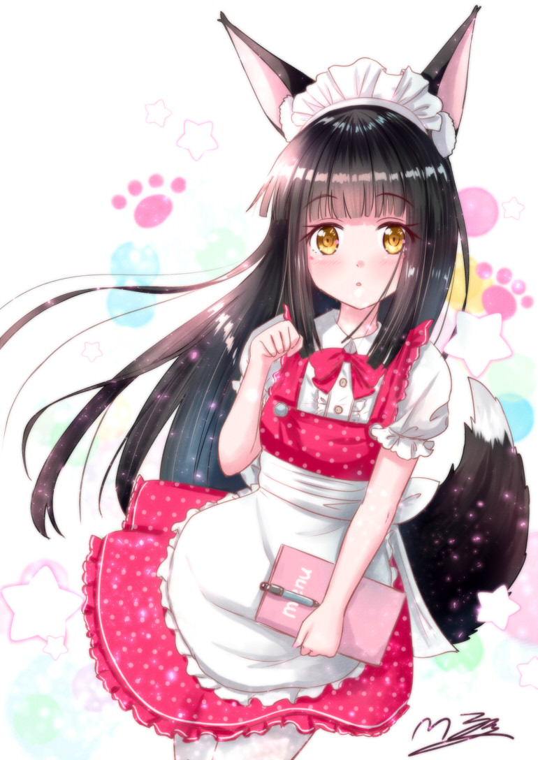 1girl alternate_costume animal_ears apron azur_lane bangs black_hair blunt_bangs collarbone commentary_request enmaided eyebrows_visible_through_hair fox_ears fox_girl fox_tail holding long_hair looking_at_viewer m_ko_(maxft2) maid maid_apron maid_headdress menu nagato_(azur_lane) parted_lips paw_pose pen sidelocks signature solo tail yellow_eyes
