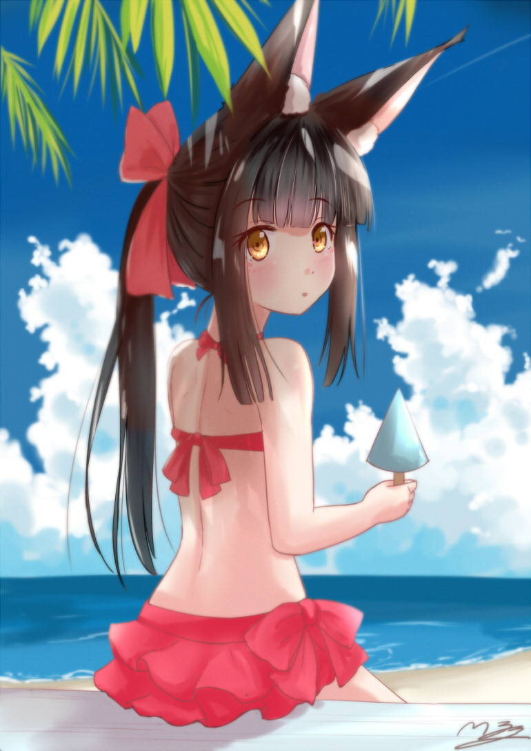 1girl alternate_costume alternate_hairstyle animal_ears azur_lane bangs bare_back beach bench black_hair blue_sky blunt_bangs blurry bow clouds cloudy_sky depth_of_field eyebrows_visible_through_hair food fox_ears frilled_skirt frills from_behind hair_bow hair_ribbon holding long_hair looking_at_viewer looking_back m_ko_(maxft2) nagato_(azur_lane) ocean parted_lips ponytail popsicle red_swimsuit ribbon sidelocks signature sitting skirt sky solo swimsuit yellow_eyes