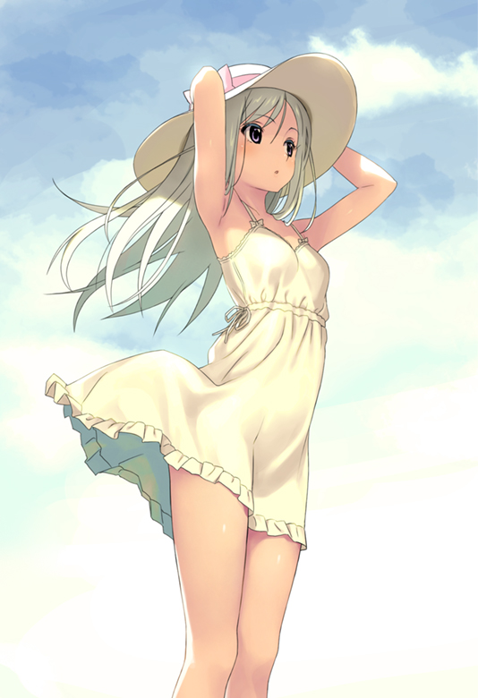 1girl :o armpits arms_up bangs bare_arms bare_shoulders blue_sky breasts clouds cloudy_sky commentary_request day dress eyebrows_visible_through_hair frilled_dress frills grey_eyes grey_hair hair_between_eyes hand_on_headwear hat koutaro long_hair looking_away original outdoors parted_lips sky sleeveless sleeveless_dress small_breasts solo sun_hat sundress very_long_hair white_dress white_headwear