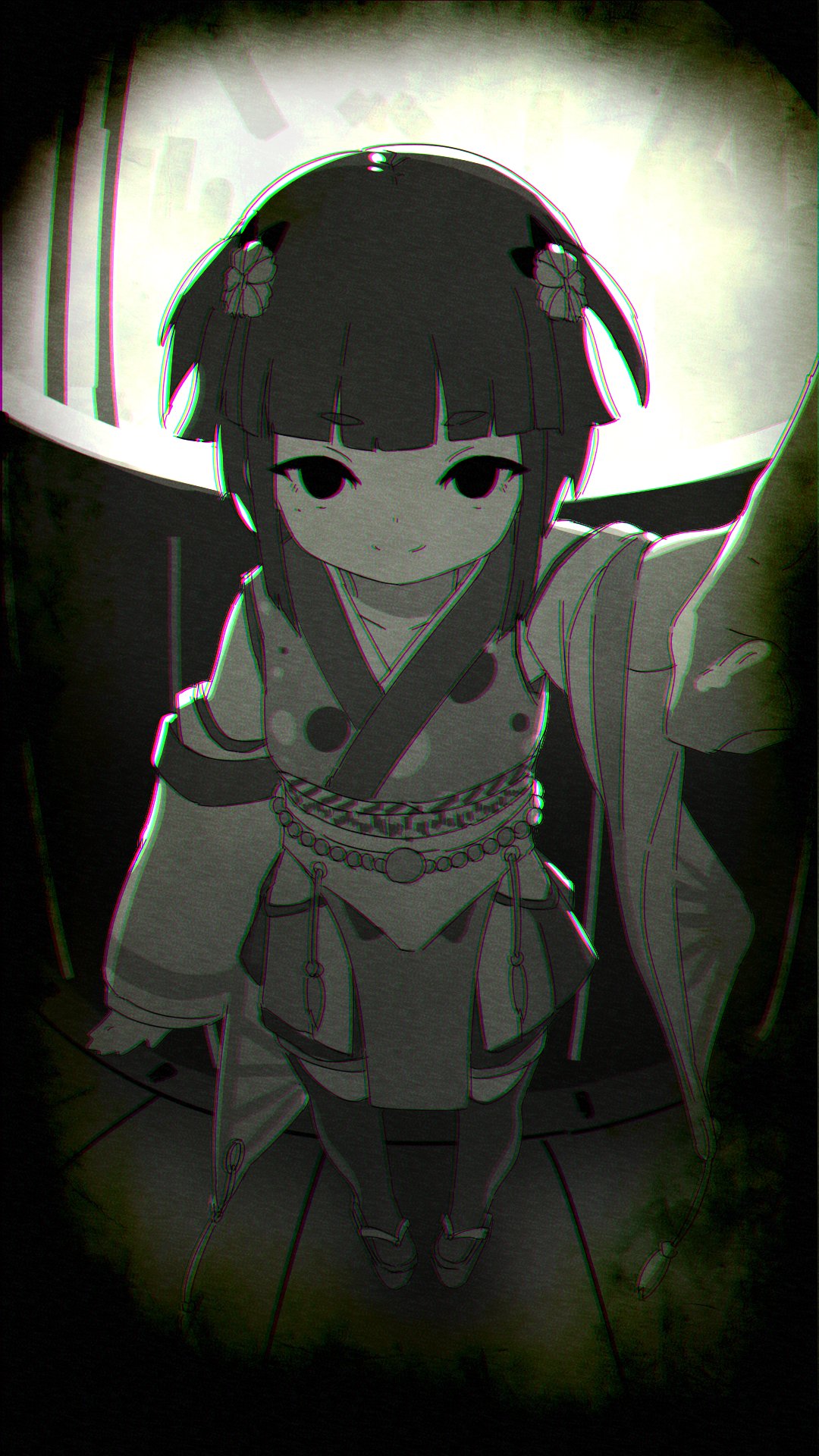 1girl bangs closed_mouth collarbone commentary_request copyright_request eyebrows_visible_through_hair flower hair_flower hair_ornament highres japanese_clothes kimono kuro_kosyou looking_at_viewer monochrome obi outstretched_arm sash short_eyebrows smile solo standing thick_eyebrows thigh-highs virtual_youtuber zouri