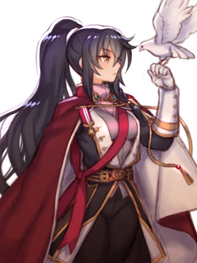 1girl bird black_hair boots breasts cape cowboy_shot dove folks_(nabokof) gloves gold long_hair medium_breasts military military_jacket military_uniform ponytail profile simple_background tales_of_(series) tales_of_berseria thigh-highs thigh_boots uniform velvet_crowe very_long_hair white_background yellow_eyes