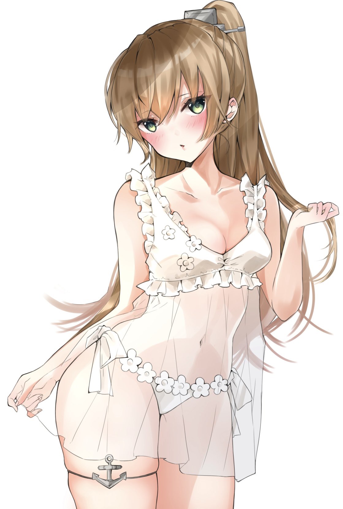 1girl anchor babydoll brown_hair chigasaki_y commentary_request commission cowboy_shot flower green_eyes highres kantai_collection kumano_(kancolle) long_hair looking_at_viewer panties ponytail simple_background skeb_commission solo underwear white_babydoll white_background white_panties