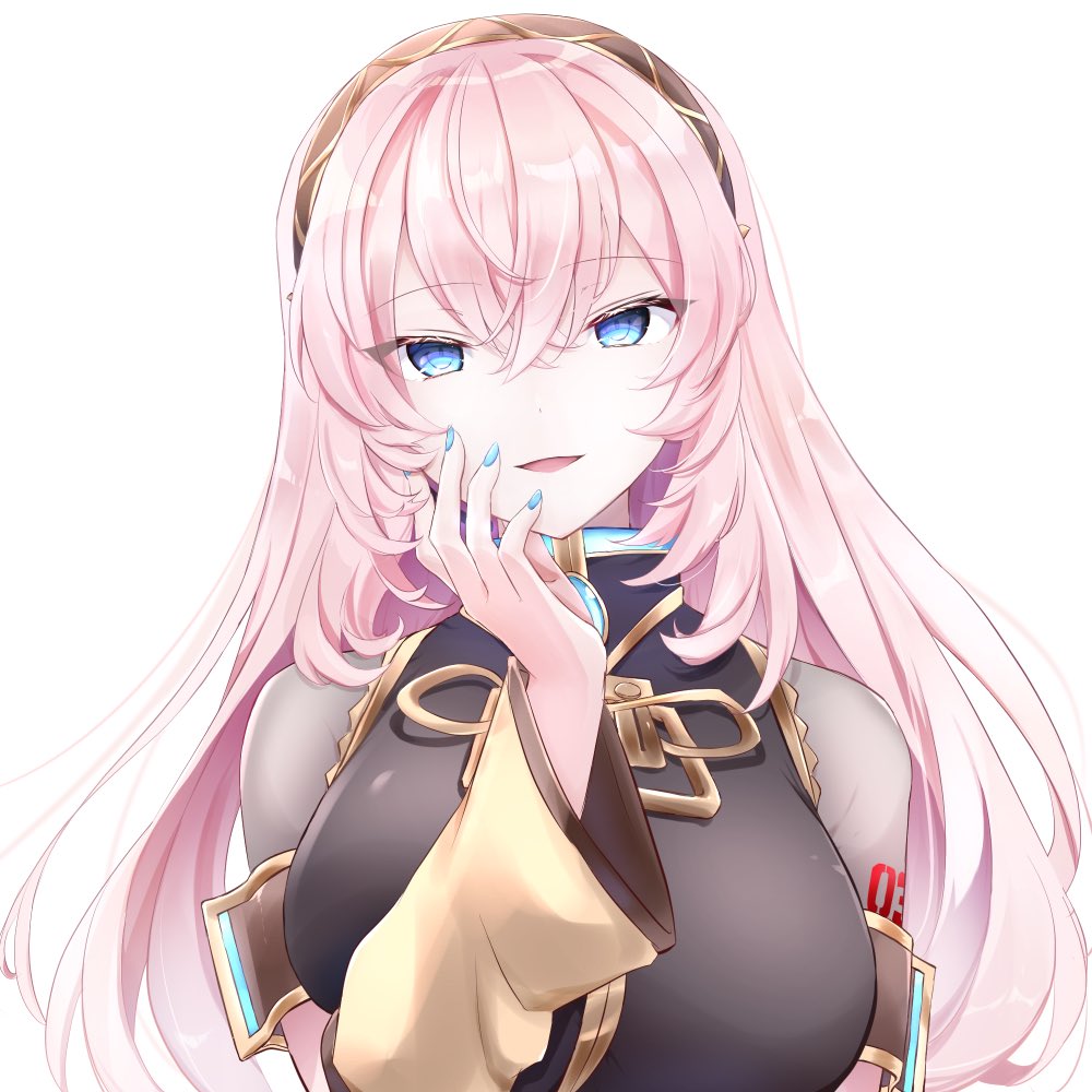 1girl aqua_nails arm_warmers armband black_shirt blue_eyes breasts commentary gold_trim hairband hand_on_own_face hand_up kkr_rkgk large_breasts long_hair looking_at_viewer megurine_luka nail_polish open_mouth pink_hair see-through_sleeves shirt short_sleeves smile solo upper_body vocaloid white_background