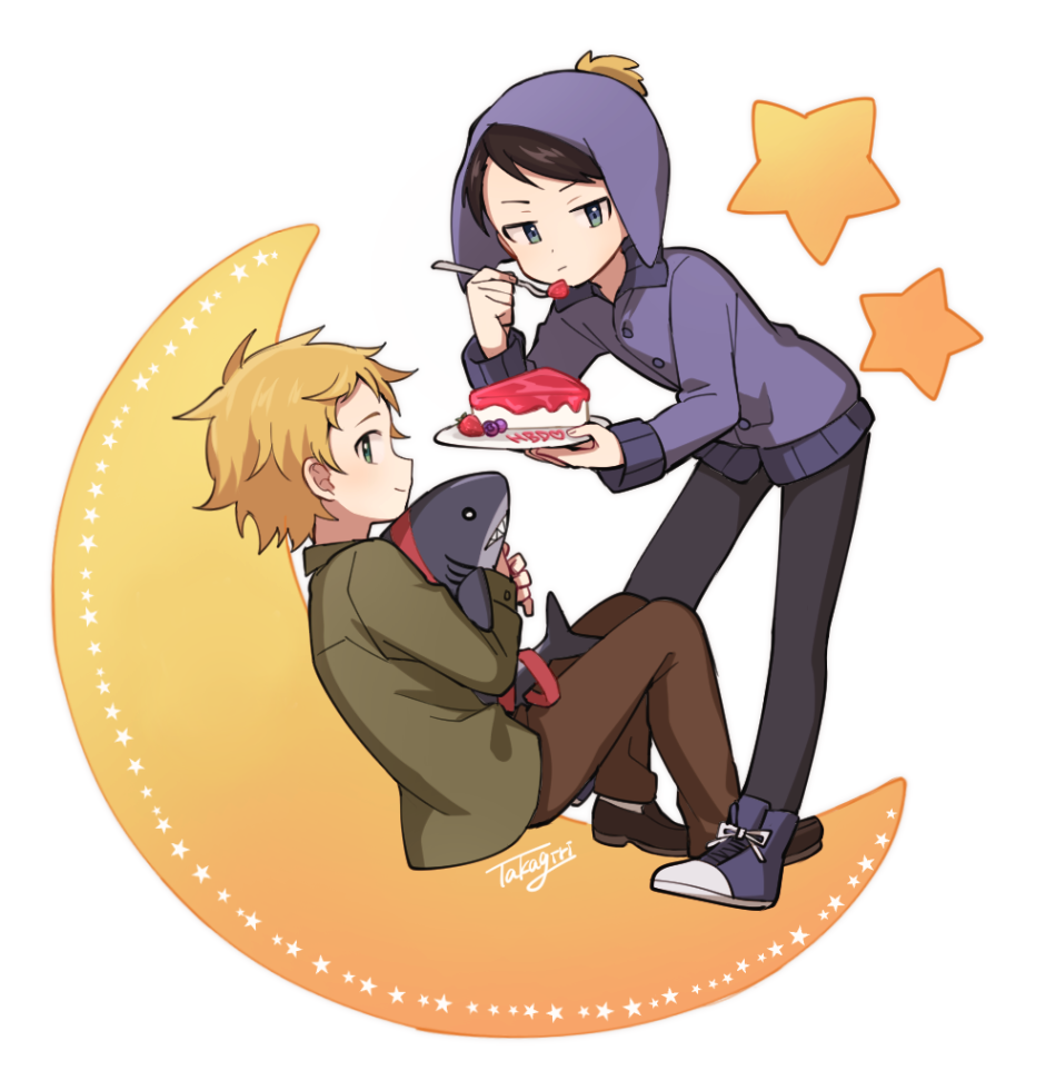 2boys black_hair blonde_hair cake cake_slice craig_tucker food fork fruit haizai hat multiple_boys plate short_hair smile south_park star_(symbol) strawberry stuffed_animal stuffed_shark stuffed_toy tweek_tweak