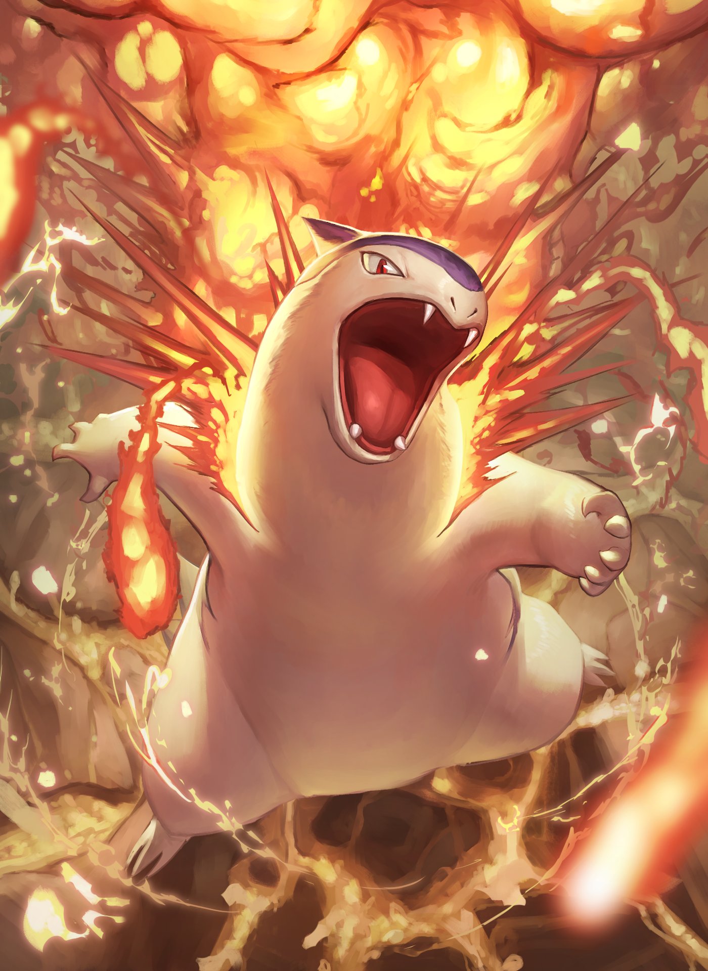 commentary_request fangs fire from_above gen_2_pokemon highres no_humans open_mouth pokemon pokemon_(creature) red_eyes solo spareribs standing toes tongue typhlosion