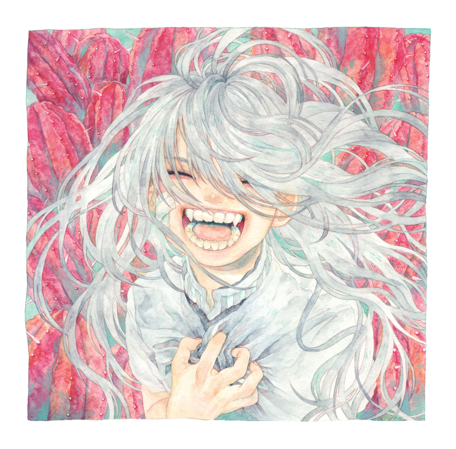 1girl border cactus closed_eyes floating_hair hand_up long_hair open_mouth original runta shirt short_sleeves smile solo teeth traditional_media upper_body watercolor_(medium) white_border white_hair white_shirt