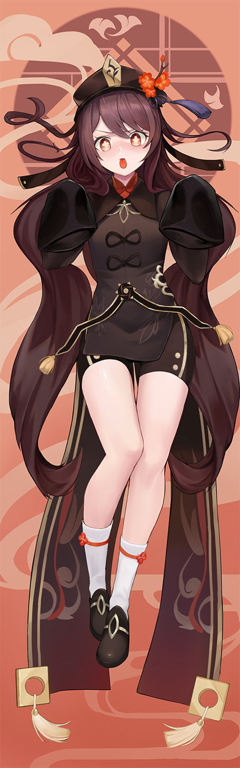 1girl :p black_headwear black_shorts blush breasts brown_hair chinese_clothes claw_pose flower full_body genshin_impact highres hu_tao legs long_hair long_sleeves looking_at_viewer lying on_back plum_blossoms red_eyes shoes short_shorts shorts sleeves_past_wrists small_breasts socks symbol-shaped_pupils tongue tongue_out twintails wuguno_ziran_juan