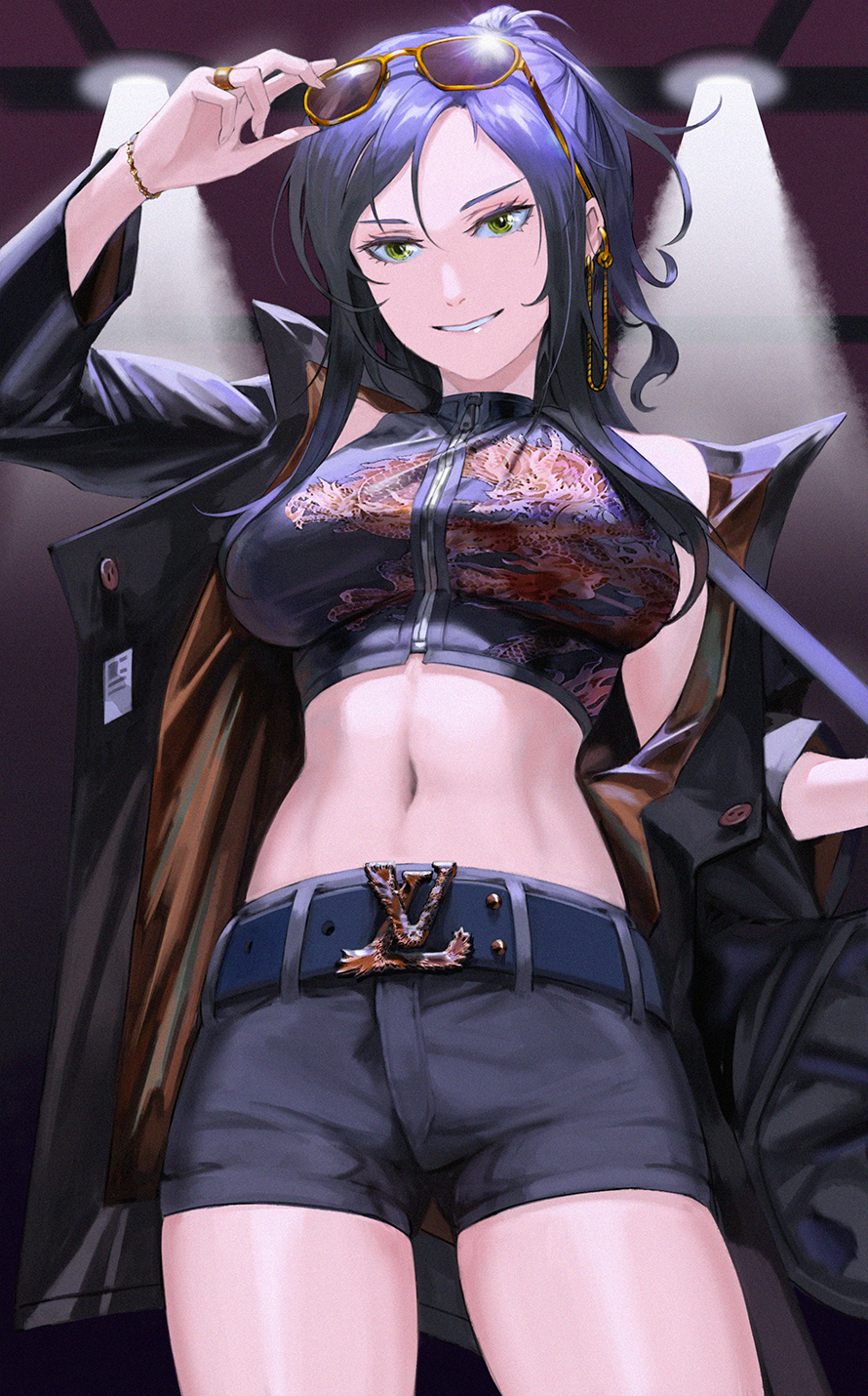1girl adjusting_eyewear angelia_(girls_frontline) belt belt_buckle bracelet breasts buckle commentary earrings english_commentary eyewear_on_head girls_frontline green_eyes grin highres jacket jewelry large_breasts long_hair looking_at_viewer louis_vuitton_(brand) mannaru midriff navel off_shoulder ponytail purple_hair ring short_shorts shorts smile solo sunglasses trench_coat