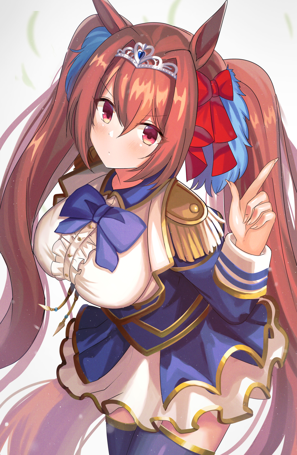 1girl ame_sagari animal_ears bangs blue_bow blue_jacket blue_legwear blush bow breasts brown_hair center_frills closed_mouth collared_shirt commentary_request daiwa_scarlet_(umamusume) epaulettes eyebrows_visible_through_hair fingernails frills grey_background hair_between_eyes hair_bow hand_up highres horse_ears horse_girl horse_tail index_finger_raised jacket large_breasts long_fingernails long_hair long_sleeves pleated_skirt red_bow red_eyes sharp_fingernails shirt skirt solo tail thigh-highs tiara twintails umamusume v-shaped_eyebrows very_long_hair white_shirt white_skirt