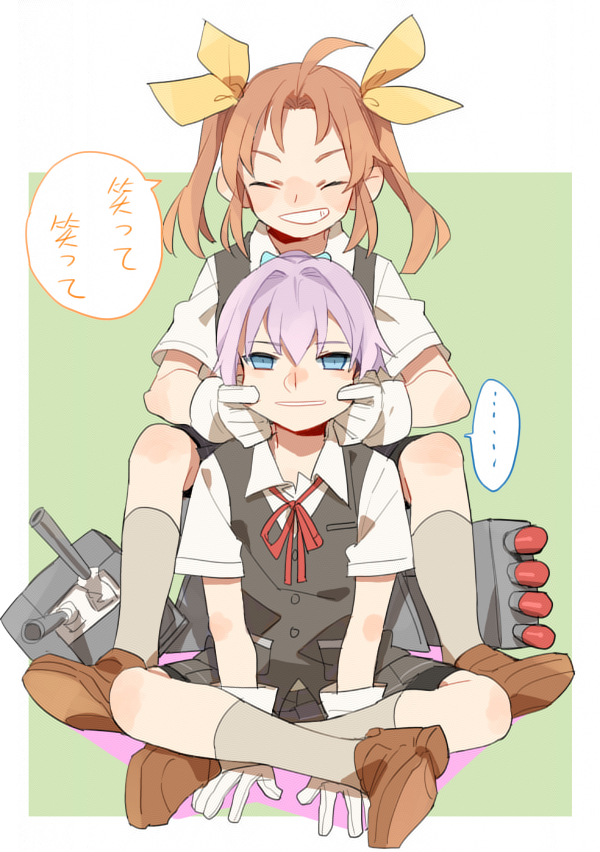 2girls ahoge bangs bike_shorts black_vest blue_eyes brown_footwear cheek_pull closed_eyes crossed_legs d.y.x. gloves grey_skirt grin hair_between_eyes hair_ribbon kagerou_(kancolle) kantai_collection kneehighs long_hair multiple_girls neck_ribbon open_mouth pink_hair pleated_skirt ponytail red_neckwear ribbon school_uniform shiranui_(kancolle) shirt shorts shorts_under_skirt simple_background sitting skirt smile twintails two-tone_background vest white_gloves white_shirt yellow_ribbon